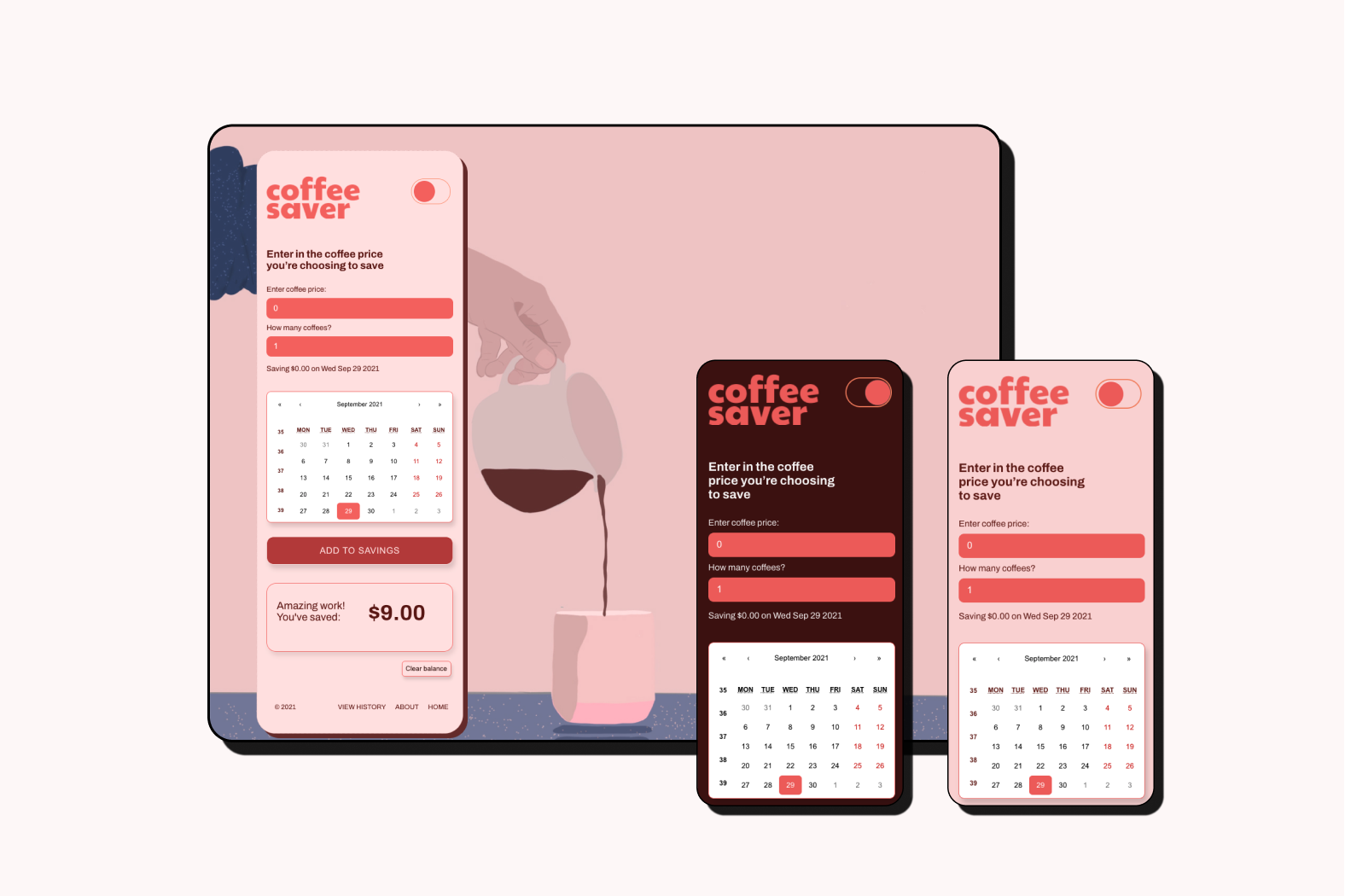 Images of The Coffee Saver app on desktop and two iPhone screens